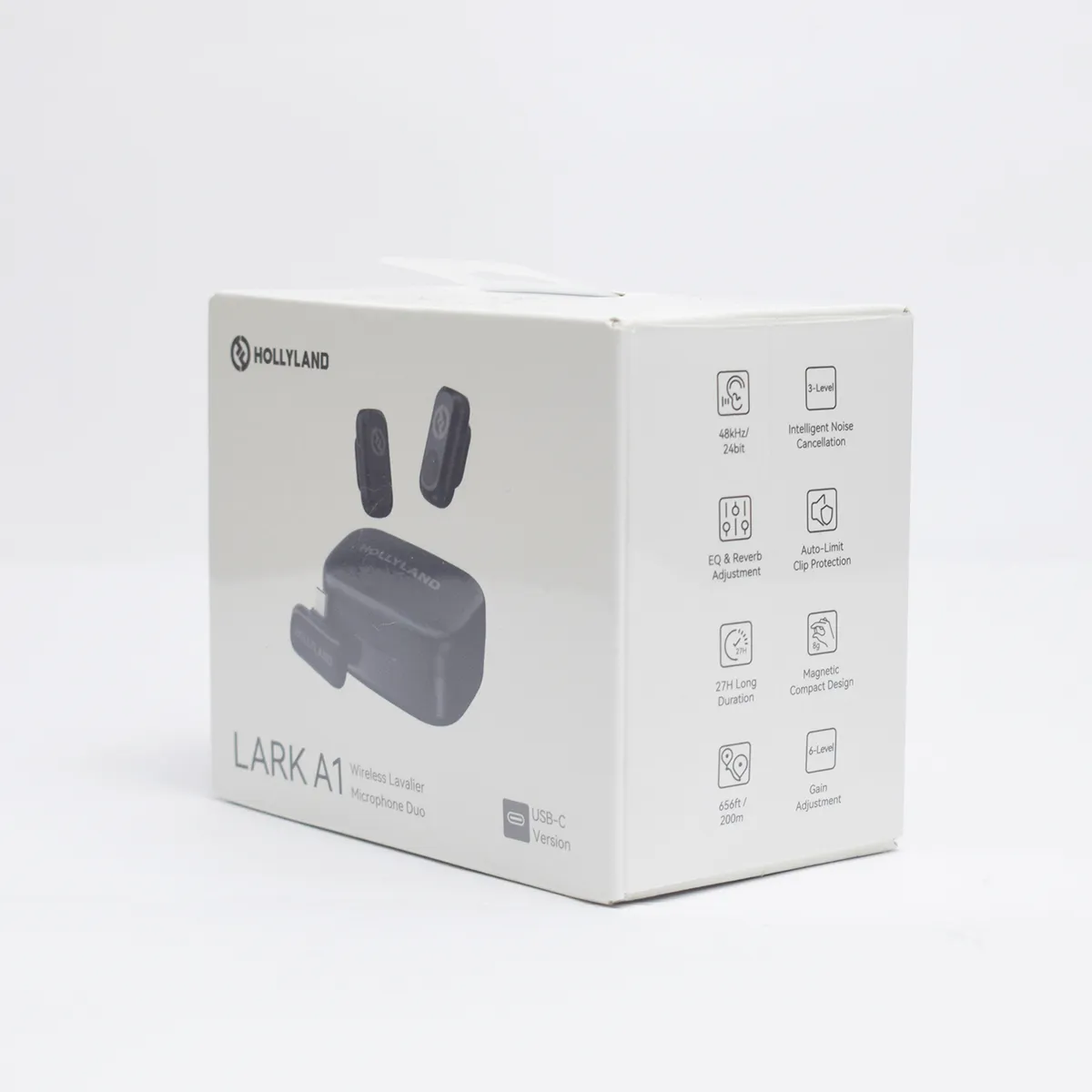 Hollyland Lark A1 wireless microphone retail box packaging for content creation, vlogging, and professional audio recording