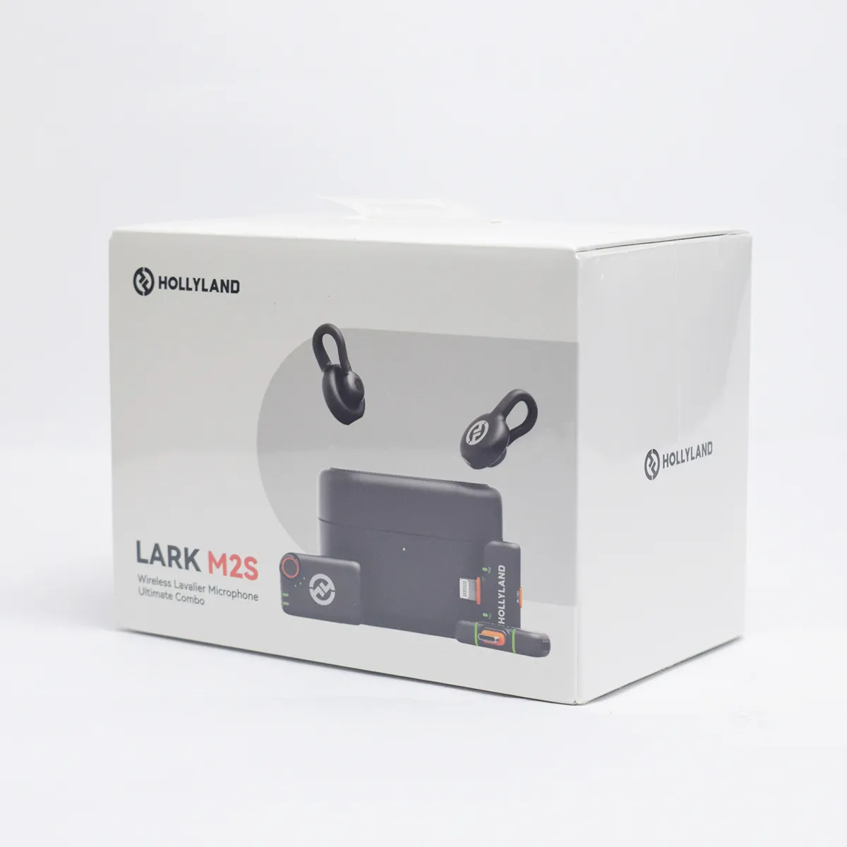 Hollyland Lark M2S wireless microphone system retail box designed for professional video, livestreaming, and mobile content production