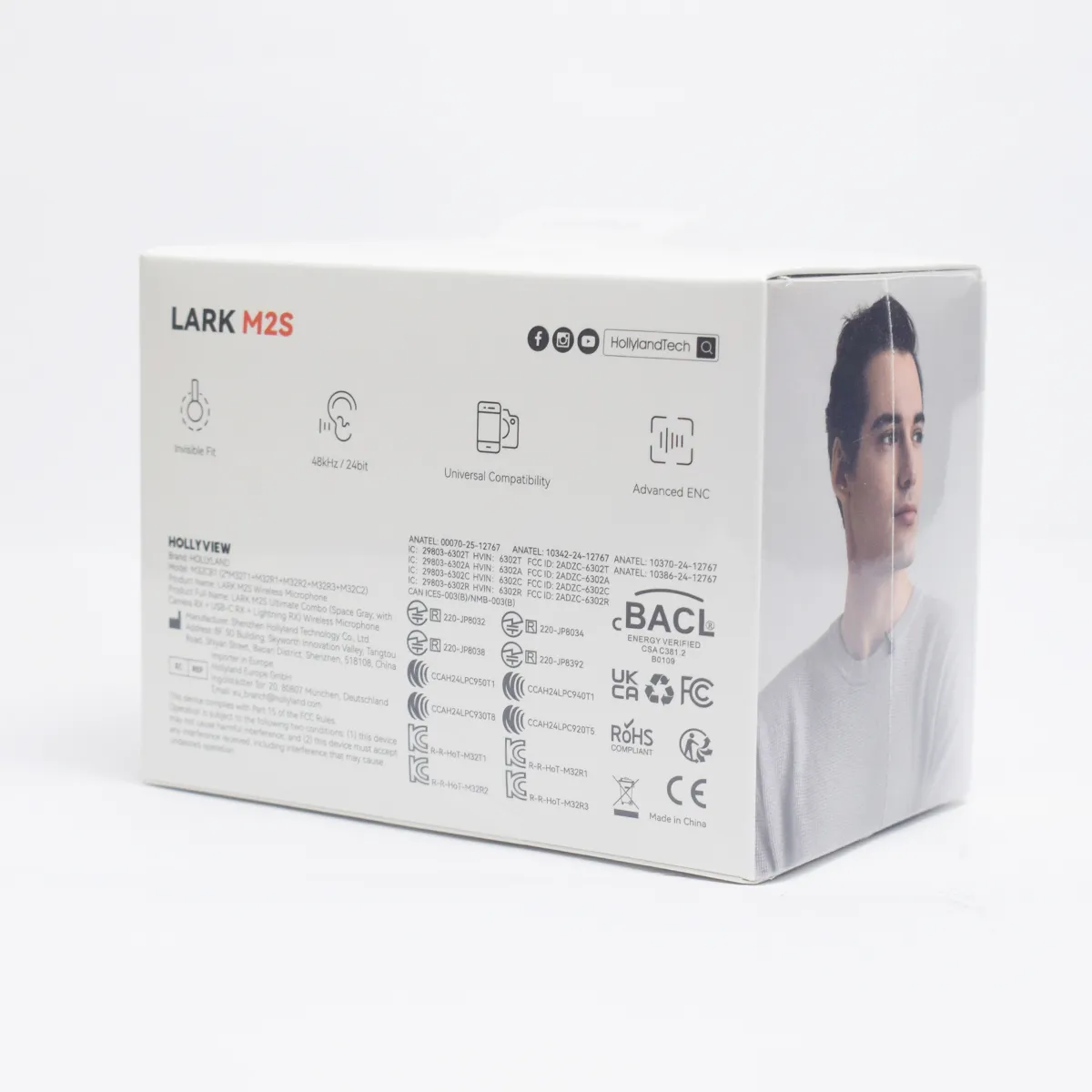 Hollyland Lark M2S wireless microphone system retail box designed for professional video, livestreaming, and mobile content production