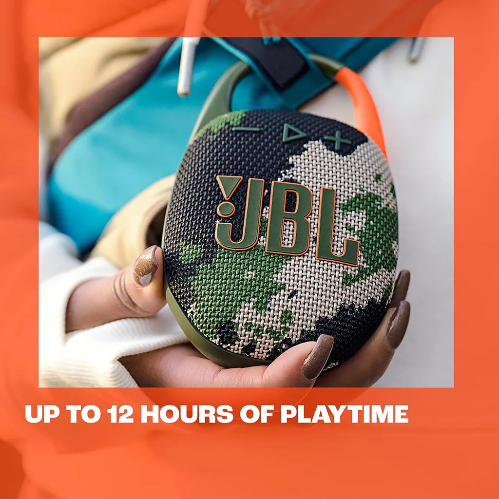 JBL Clip 5 black attached to backpack clip