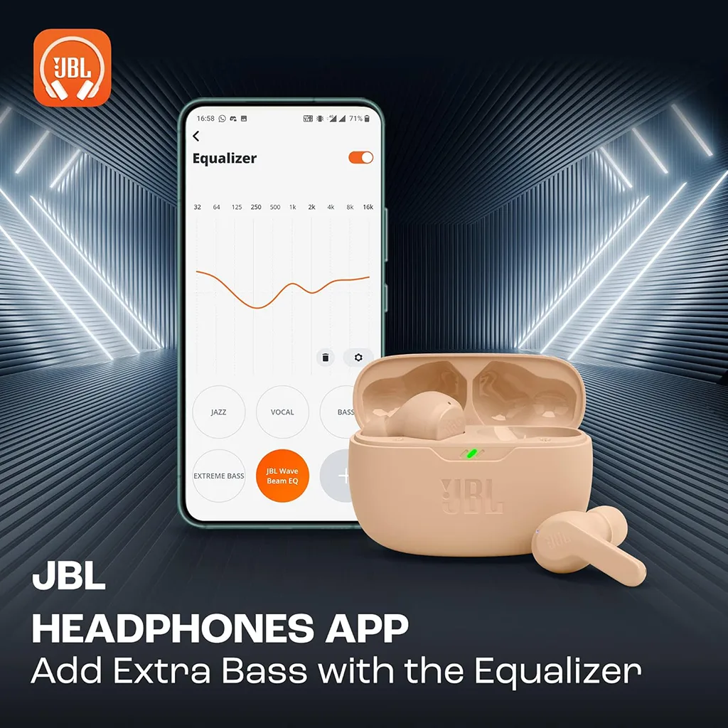 Lifestyle image showing JBL Wave Beam used for music and calls