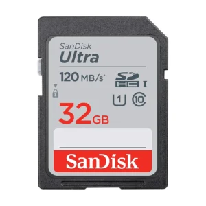 SanDisk 32GB Ultra SDHC 120MB/s Class 10 U1 SD card close-up