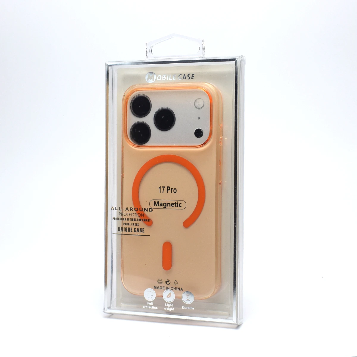 Slim angled view iPhone 17 Pro transparent MagSafe case with orange ring