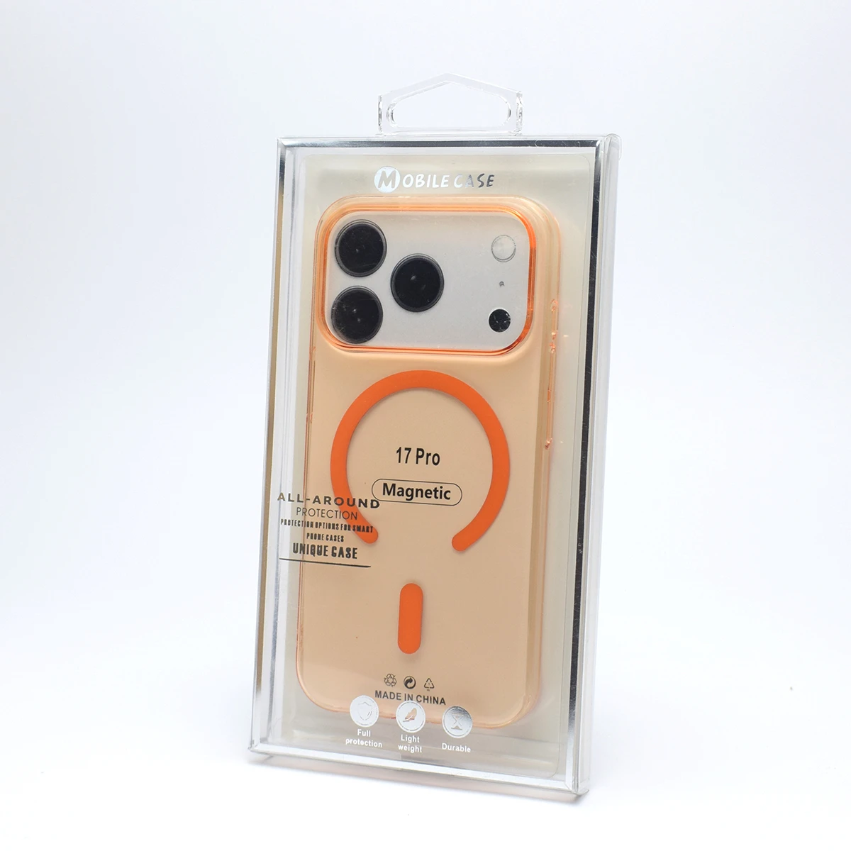 iPhone 17 Pro crystal clear MagSafe case with orange ring front view