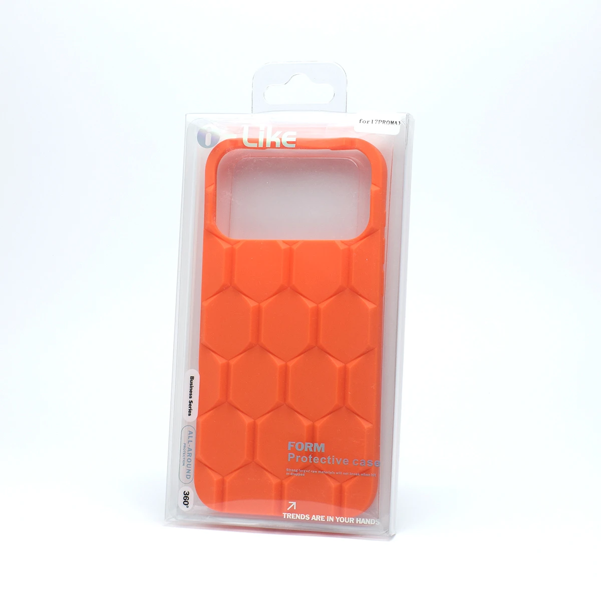 Angled view of iPhone 17 Pro Max orange rugged protective case