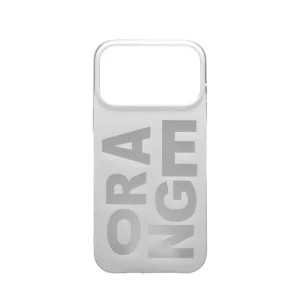 Bold ORANGE text design on transparent iPhone 17 Pro Max case