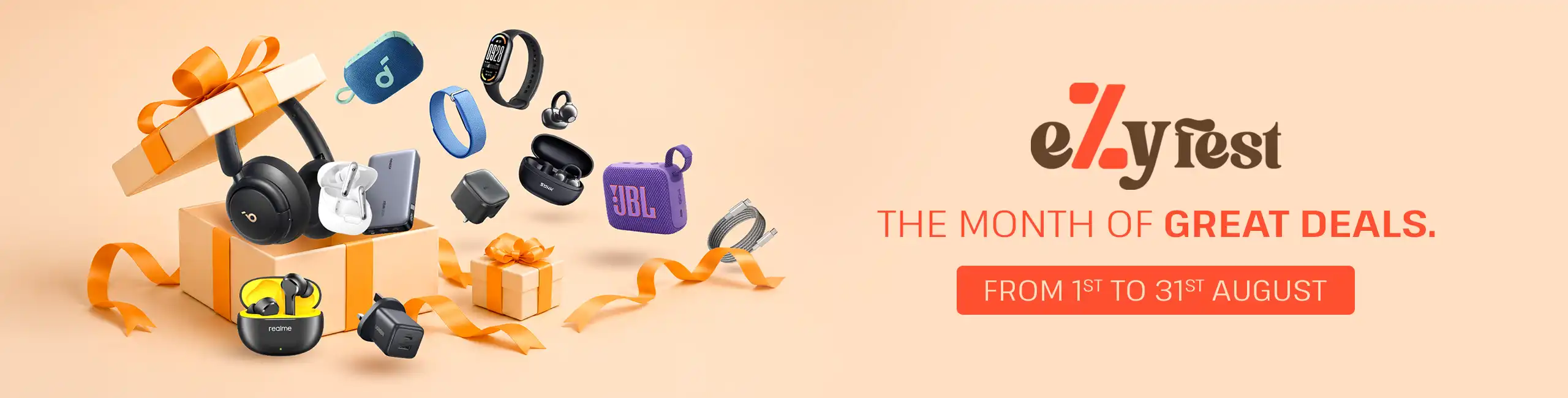 ShopEzy Fest August 2026 banner featuring month-long deals on electronics, mobile accessories, audio devices, smart gadgets, and tech essentials.