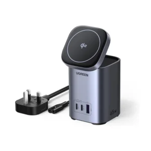 UGREEN X555 65W 2-in-1 GaN Desktop Fast Charger with 15W Qi2 Magnetic Wireless Charging, 2 USB-C and 1 USB-A Ports, UK Plug, Grey X555-55322
