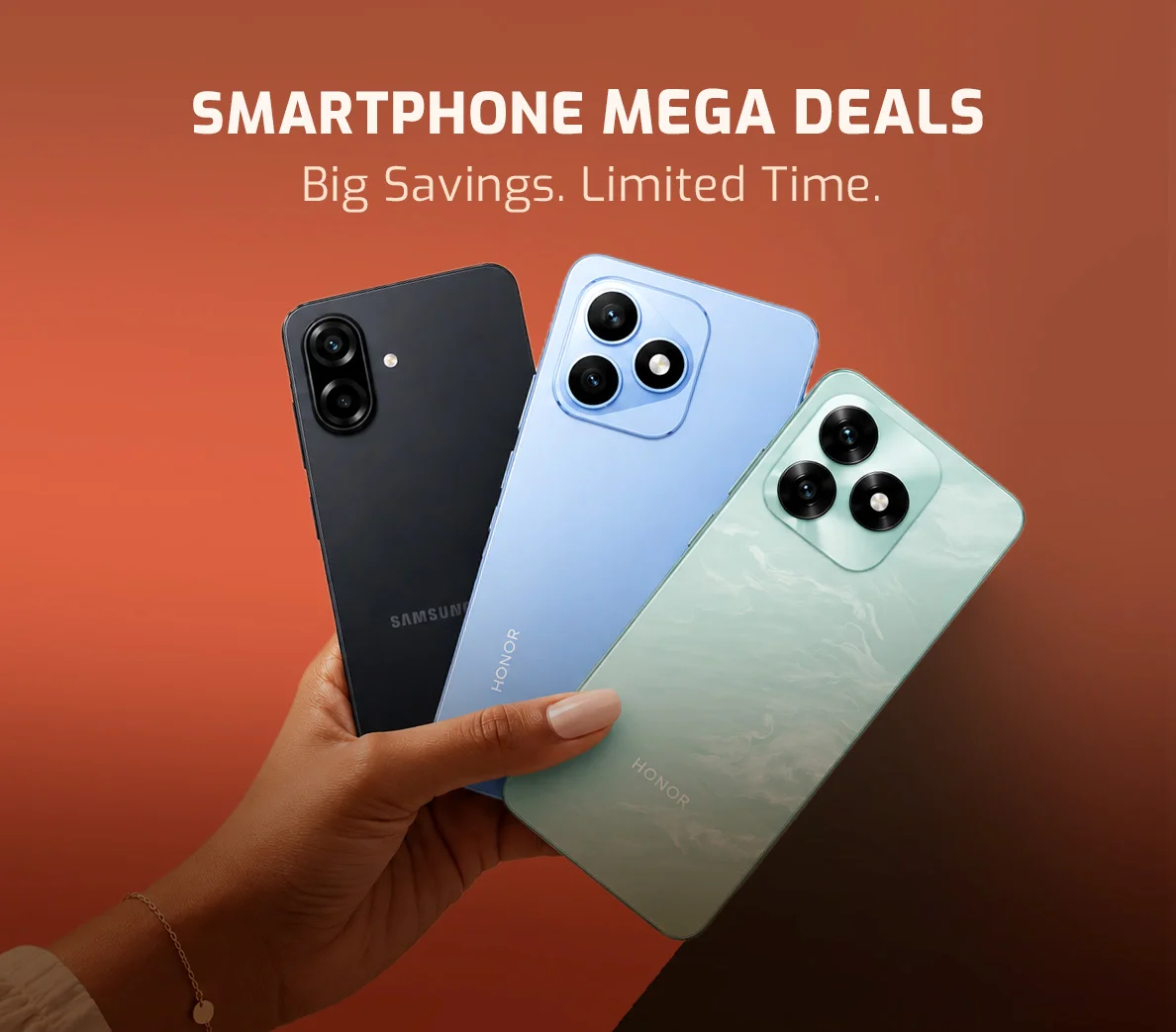 Samsung and HONOR smartphones featured in a Smartphone Mega Deals mobile banner with limited-time savings.